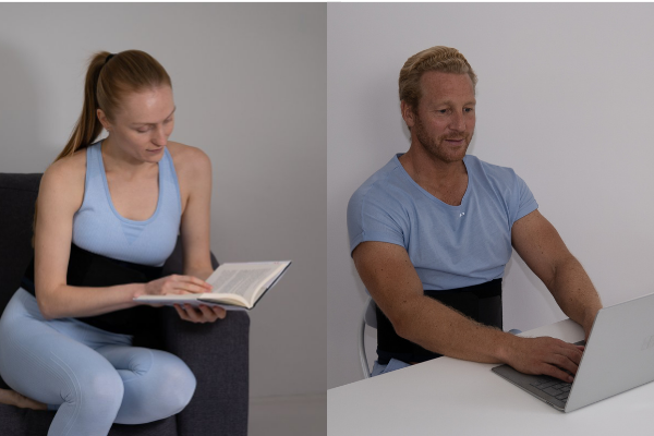 Woman and sofa and man in front of laptop wearing Prime Science Fat Freezing belts on stomach